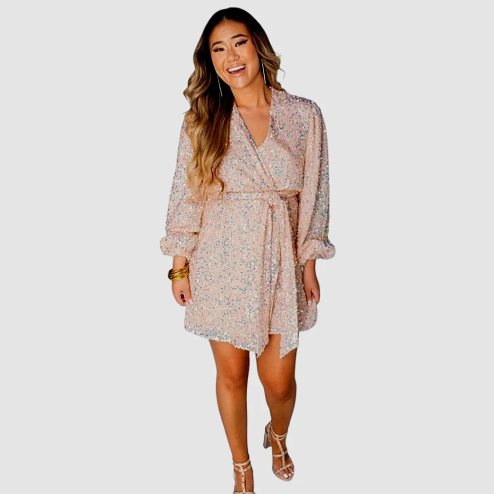 Buddy Love Adeline Baby Pink Sequin Wrap Mini Dress Party Homecoming Formal S